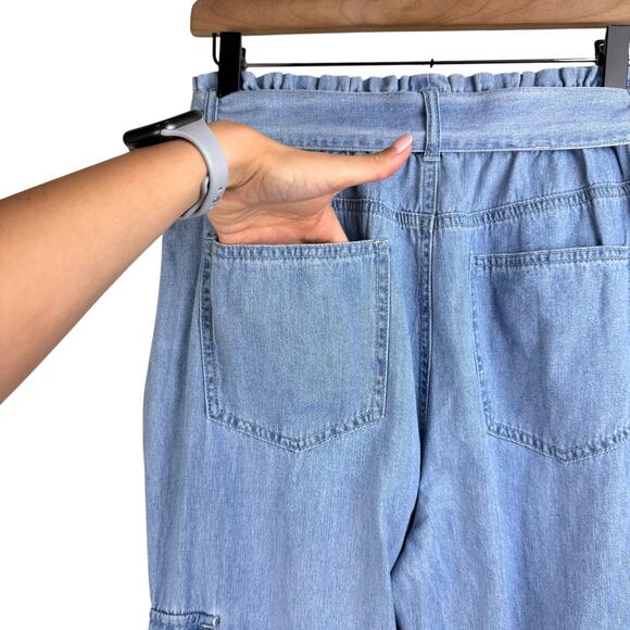 TGLA Light Wash Chambray Blue High Paperbag Waist Belted Cargo Pocket Joggers - Picture 7 of 10